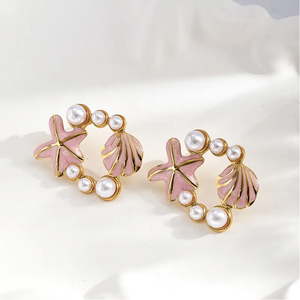 Boucles d'oreilles élégantes de style océanique en acier inoxydable 304 plaqué or avec perles acryliques en forme d'étoile de mer et de coquillage, bijoux fantaisie - Product Image 5