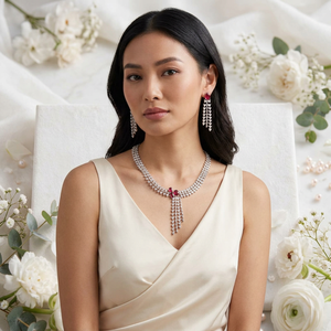 Luxury Brass Cubic Zirconia Red Drop Crystal Necklace Set <b>Silver</b> Plated Bridal Wedding <b>Choker</b> Jewelry Set for Women - Product Image 1