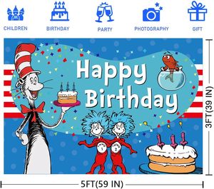 Décorations de fête d'anniversaire <span class=keywords><strong>Dr</strong></span> Seu, bannière de <span class=keywords><strong>fond</strong></span> bleue Joyeux Anniversaire, décorations de chat, bannière de <span class=keywords><strong>fond</strong></span>, accessoires de photomaton - Product Image 6