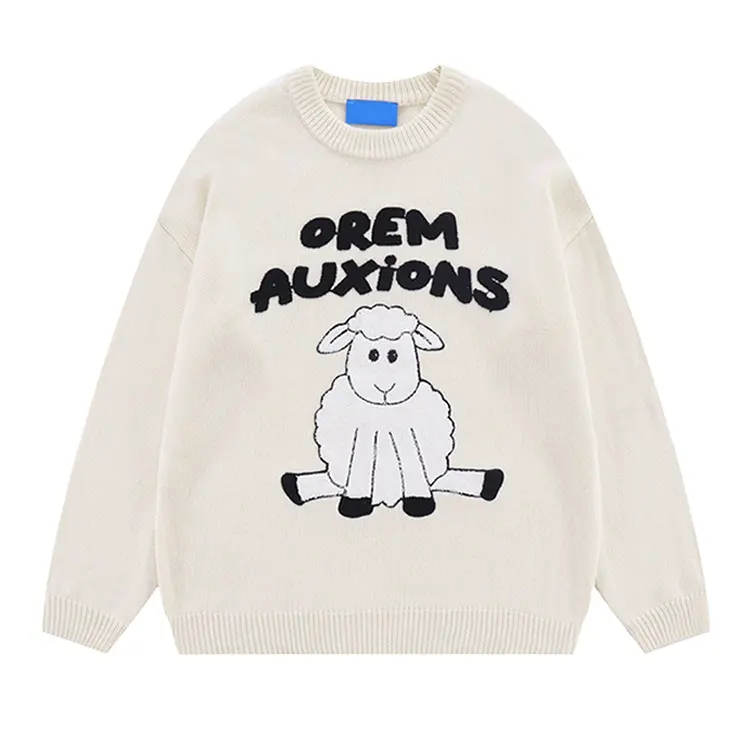 High Quality OEM Jacquard Sweaters Thick White Color Anti-Shrink O-neck Cartoon Long Sleeve Man Sweater Knit