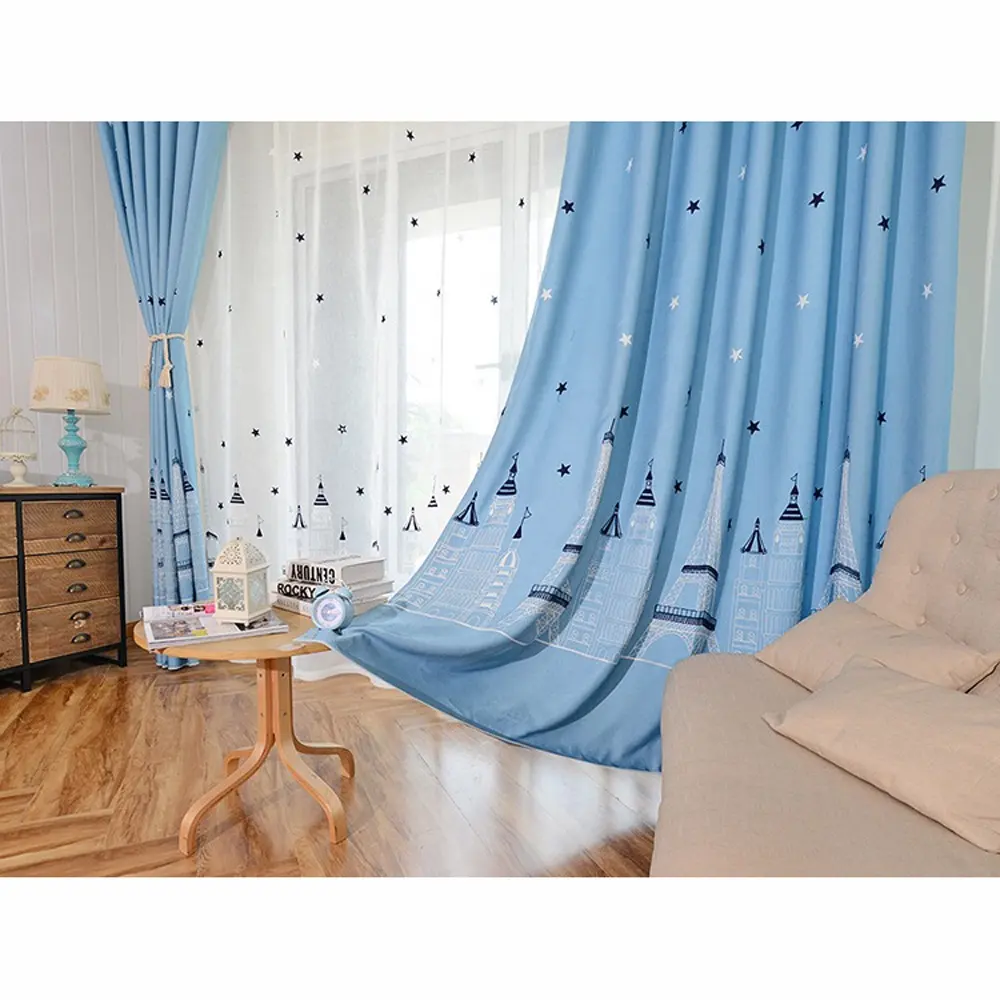 Cortina de castelo design azul 100% poliéster, para sala de estar infantil