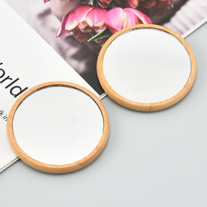 Portable Handheld Bamboo Handle Round Makeup Mirror Single-Sided Logo-Printable Mini On-The-Go Promotional Mirror