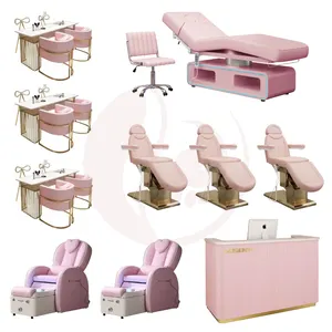 Venta caliente salón de belleza reclinable cama de pestañas Silla de masaje facial spa mesa de cosméticos eléctrico Rosa salón de uñas conjunto de muebles