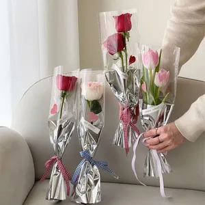 clear plastic flower bouquet packaging sleeve single rose floral wrapping silver transparent flower bags