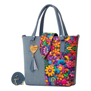Bolso de Playa Fana para Mujer, Tamaño Mediano, de Yute Azul con Diseño Estampado y Bolsillo con Cremallera - Product Image 4