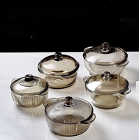 Grand bol en verre brun avec couvercle, à double anse, pour salade, soupe et nouilles instantanées, usage domestique, pot classique en verre cristallin poli pour réceptions