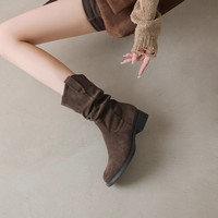 Bottes mi-mollet souples pour femmes en daim à bout rond, talon carré bas, coupe en V, style western cowboy, 2 couleurs
