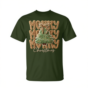 T-shirt con fiocco natalizio verde, design festivo - Product Image 2