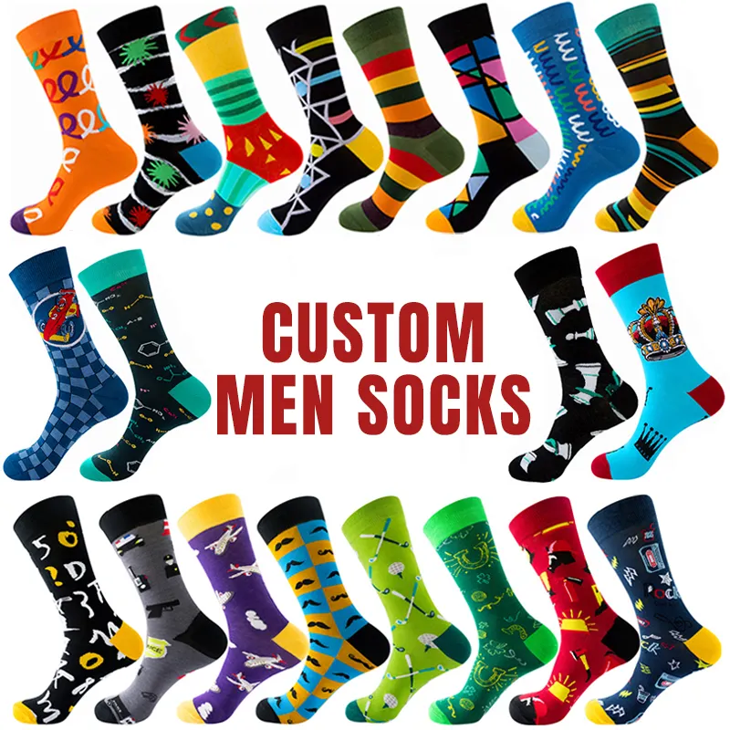 Wholesale Custom men's dress 100 Cotton Natural Crew Happy Funny Crazy Colorful Men's Socks & hosiery