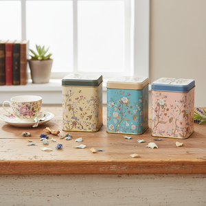Kontensan 75x75x100mm Square Metal <b>Tin</b> Box Set (Set of 3) Floral Design Pastel Blue Botanica Design - Product Image 3