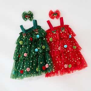 Venta al por mayor niños niño pequeño Navidad elegante vestido en capas niños fiesta Correa verde tutú vestido Boutique estrella estampado lindo vestido - Product Image 3