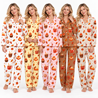 Ensemble de pyjama en flanelle pour femme, vêtements de nuit d'automne pour Thanksgiving, ensemble de pyjama en polaire à manches longues boutonnées avec pantalon, imprimé feuille d'érable AOP