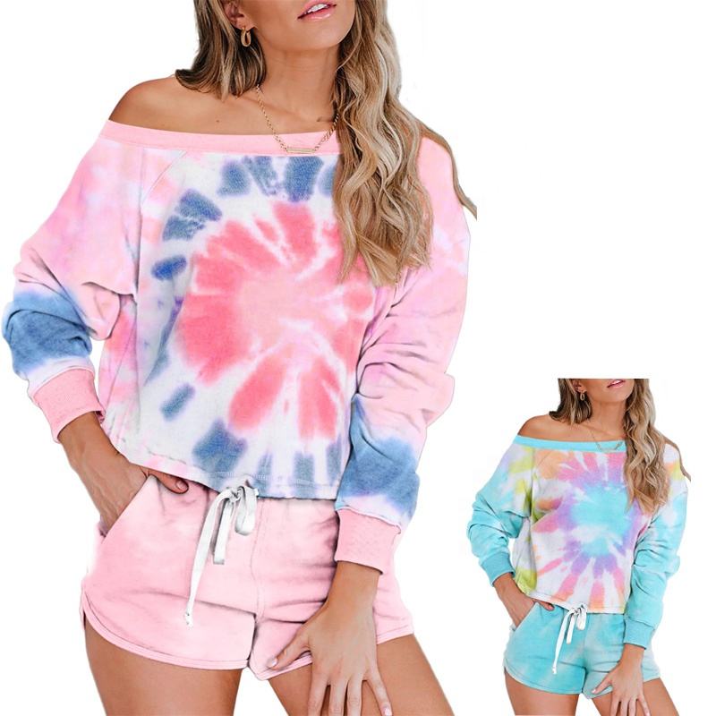Tie Dye Two Piece Sweatshirt And Shorts Set Pajamas Women Cotton Sleepwear 