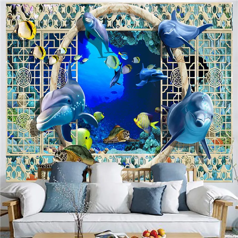 Kain permadani dinding cetak dunia laut permadani kain latar belakang ruang tamu kamar tidur dekorasi dinding kain permadani kustom sederhana