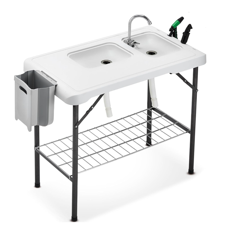 Outdoor Camping Foldable Fillet Tables with 2 Sinks, Folding Faucet, Sprayer, Knife, Bin, Steel Net