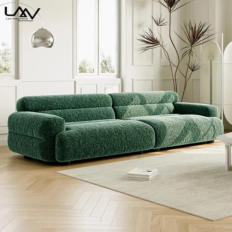 French Modern Style Living Room Hotel Villa Apartment Double Sofa Wooden Frame Fabric Comfort Three Seat Sofa With Stool