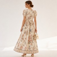 Robe longue en viscose pour femme, coupe trapèze évasée, manches bouffantes, imprimé floral Jardin Impérial, style romantique russe, personnalisable avec logo OEM