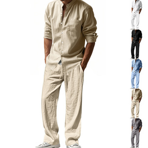 Completo Casual Primaverile in <span class=keywords><strong>Lino</strong></span> per <span class=keywords><strong>Uomo</strong></span>, Camicia a Maniche Lunghe con Bottoni e Pantaloni, Set 2 Pezzi - Product Image 1