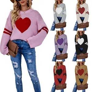 2024 Women's Sweater Valentines Clothes Valentines Day Love Round Neck Long Sleeve Heart Sweater Women Winter