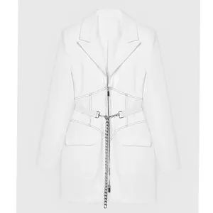 Oem Diepe V-hals Ketting Riem Taille Lange Mouwen Double Zip Corset Blazer Jurk Vrouwen