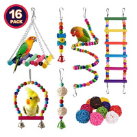 Jouets écologiques mignons pour oiseaux, 17 pièces, accessoires en bois pour cages de perroquets et de perruches, perchoirs et balançoires pour petits conures
