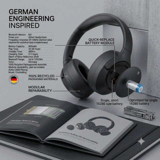 Professional ANC  Headset with Detachable Battery EU 2027 Compliance Repairable Over-ear Headphones