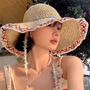 Sombrero de paja de ala ancha de estilo étnico para mujer, color beige y marrón, para verano, playa, protección solar, resistente al viento, sombrero de pescador para mujer adulta - Product Image 2