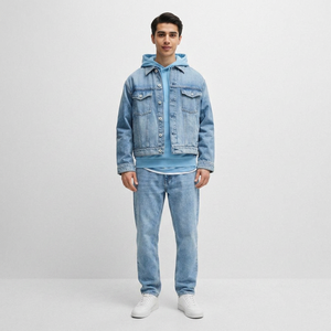 Custom Mens Blue Denim <b>Jacket</b> Faded Washed Look Casual <b>Slim</b> <b>Fit</b> Jean Outerwear for Street Fashion and Urban Style - Product Image 1