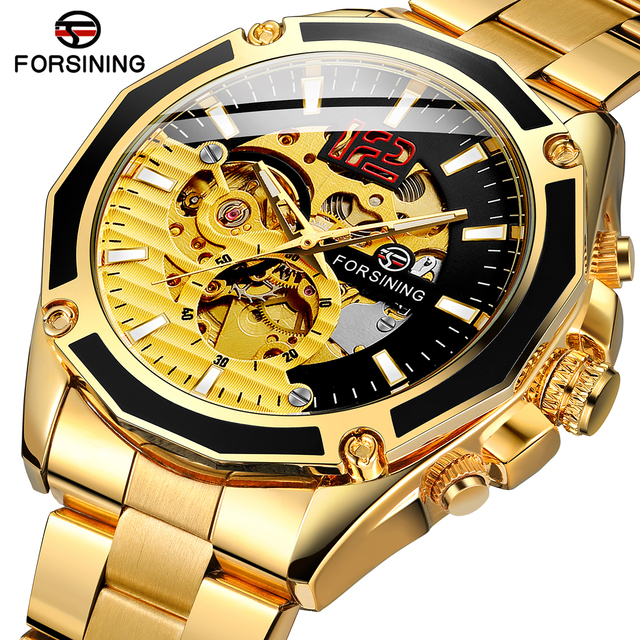 FORSINING Fashion Brand Wristwatch Automatic Watch Men With Dual Hollow Movement Stainless Steel Band Reloj