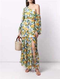 2022 Summer Womens Custom Elegant High Waisted Long Viscose Multi Color Floral <strong>Pleated</strong> Slit <strong>Maxi</strong> <strong>Skirts</strong> - Product Image 1