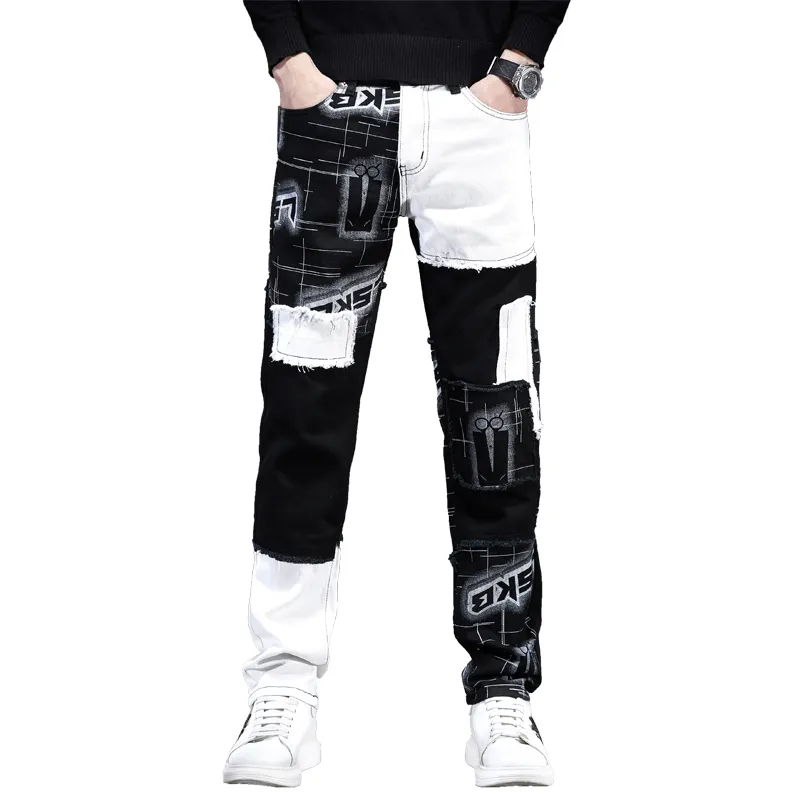 European and American trend black and white fashion stitching straight wide leg pants street hip hop men's jeans