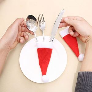 Décoration de table de fête, porte-couverts, housse pour bouteille de vin, chapeaux de Père Noël, sacs à vaisselle, mini pochette chapeau de Noël - Product Image 6