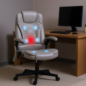 Chaise de bureau de direction à dossier haut en cuir synthétique gris avec fonction de massage chauffant, structure en acier inoxydable, accoudoirs pivotants et réglables - Product Image 2