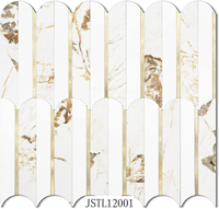 Carrelage mural auto-adhésif en mosaïque motif éventail plume dorée marbre blanc, motif festonné, 300x266mm, étanche, moderne, pour salle de bain et hôtel