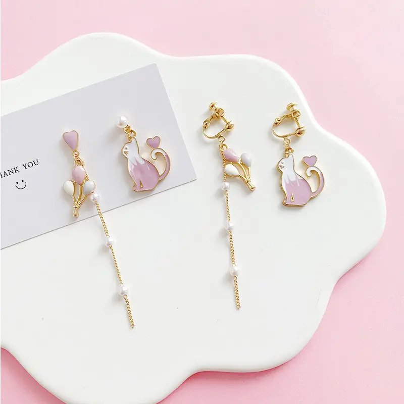 Hot Selling Hot Selling Pink enamel Cute Cat Earrings Korean Earrings Jewelry Unbalanced tassel Earrings