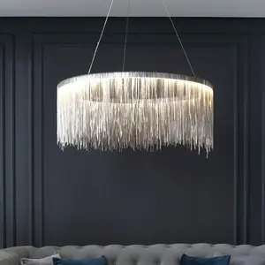 Luminária LED para sala de estar moderna e nórdica, luminária pendente circular de alumínio luxuosa com borla para quarto e restaurante, ideal para uso em ambientes de luxo, D19,7 polegadas