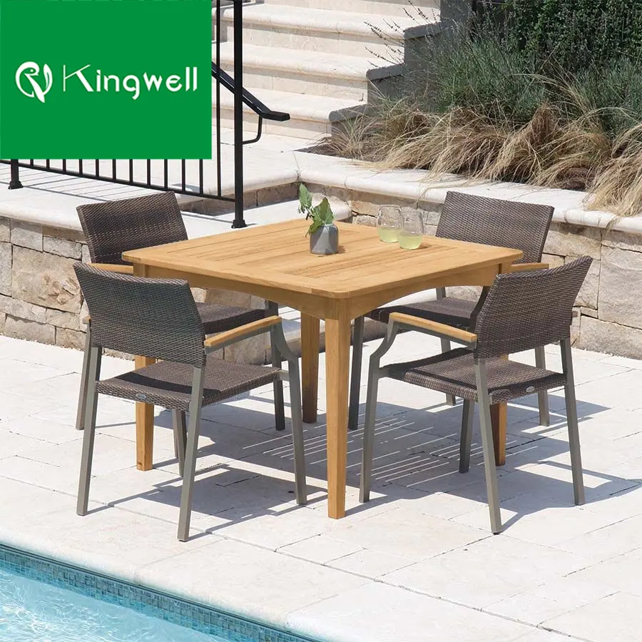 Terrassentisch Garten Outdoor-Möbel runder Gartentisch und Rattan-Stühle Set Weide Schlussverkauf moderner Esstisch Teakholz