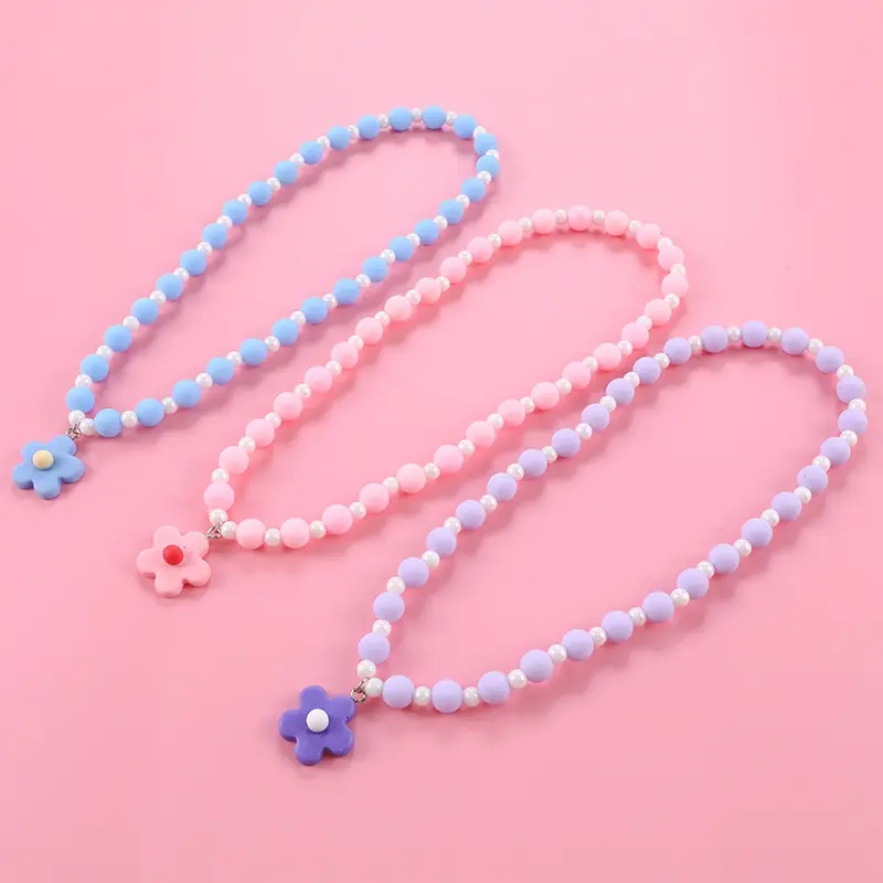 Cute Kids Jewelry 3 Colors Beaded Necklaces Kids Lovely Acrylic Flower Pendant Beads Necklaces For Little Girls