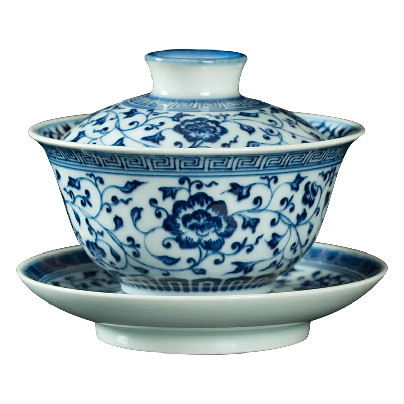 Taza de té de uso diario para el hogar, tazón de té, platillos de té, productos de porcelana azul y blanca, marca china, estilo étnico, artes pintadas a mano