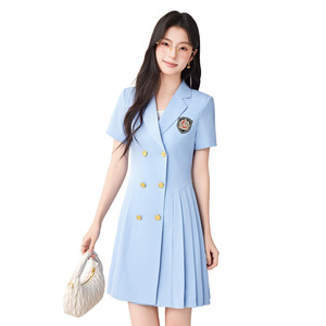 Career Dress Women Short Sleeve Double Breasted Black Pleated Workwear Office Uniform Solid Color Notched Neckline Comfortable - Product Image 5