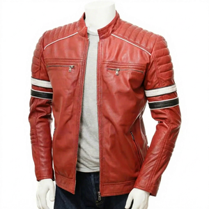 Mens Genuine Leather Biker Jacket Red Cafe Racer Motorcycle Jacket Quilted Shoulder Slim Fit Zip Up Leather <b>Coat</b> - Product Image 1