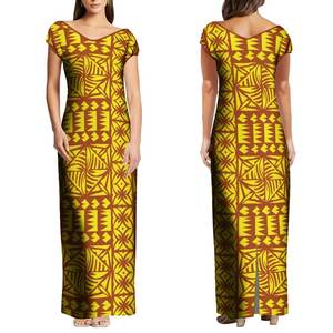 Dernière conception de <span class=keywords><strong>robe</strong></span> hawaïenne longue à épaules dénudées et col en V personnalisée Tapa <span class=keywords><strong>robe</strong></span> polynésienne à impression tribale fendue robes décontractées pour femmes - Product Image 1