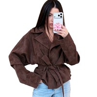Jas Trench Pendek Wanita Gaya Eropa Amerika, Bahan Suede Imitasi, Lengan Kelelawar, Kerah Berkancing, Warna Solid untuk Musim Panas