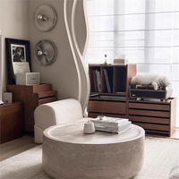 HZX Table basse ronde en travertin naturel poli Plinthe en pierre de marbre avec côté en ciment pour une utilisation en villa Table centrale en béton
