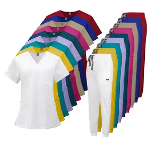 2024 Nurse Scrubs Set Breathable & Soft Polyester-Rayon Elastic Comfort Fit Stylish Hospital Nursing Uniforms