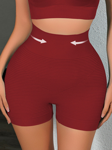 Shorts de sport yoga taille haute très élastiques, effet push-up fessier, couleur unie, côtelés, respirants, contrôle du ventre, gainants, sans coutures - Product Image 4