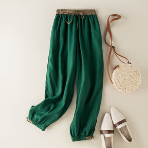 Women's Cotton Linen Harem Pants High Waist Elastic Breathable Casual Tapered Leg Cropped Green White Natural Linen - Product Image 1