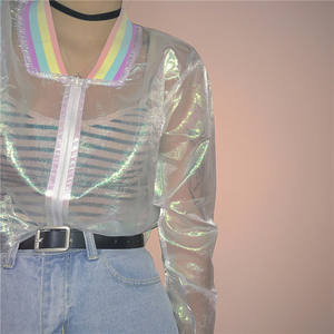 <span class=keywords><strong>Veste</strong></span> <span class=keywords><strong>hologramme</strong></span> Laser arc-en-ciel pour femmes, blouson de grande taille, pull bombardier, Transparent, irisé, résistant au soleil - Product Image 5