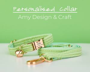 ปลอกคอแมวผ้าลูกฟูกสีเขียวอ่อนทำมือพร้อมป้ายชื่อส่วนตัวและกระดิ่งทอง สายจูง ของขวัญสุดเพอร์เฟคสำหรับสัตว์เลี้ยง - Product Image 4