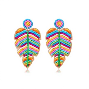 Colorful Embroidery Beaded Feather Leaf Stud Earrings Unique Stylish Women Handmade Fancy Boho Statement Dangle Jewelry Woman - Product Image 1